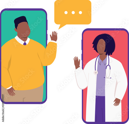 Overweight Man Seeking An Online Medical Advice With A Female Doctor Through Cellphone. Isolated.