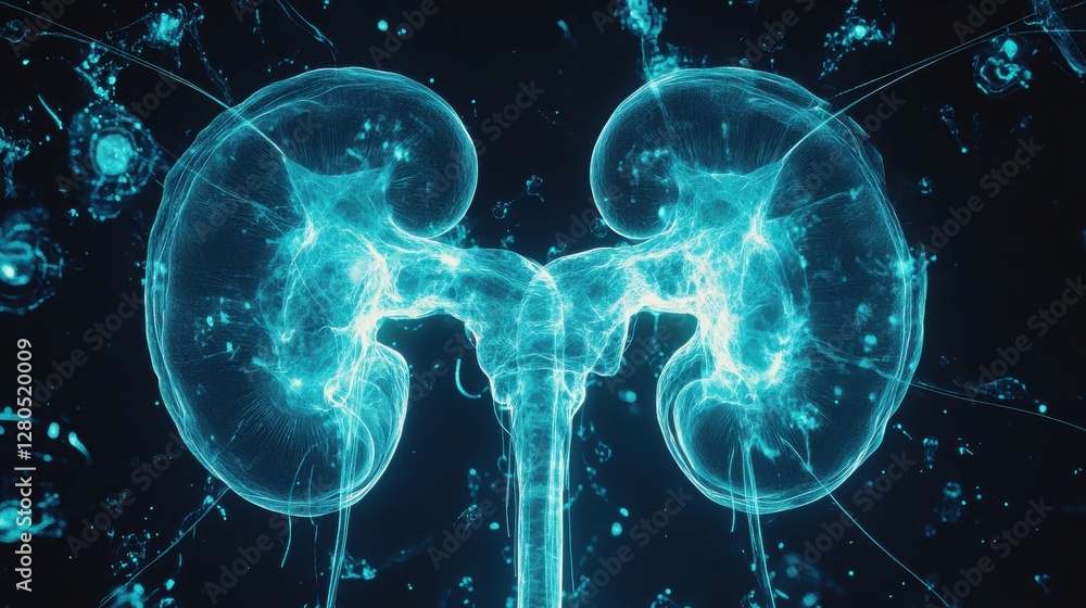 Obraz premium Human Kidney Illustration: A detailed and visually striking illustration of the human kidney, rendered in a high-tech, artistic style with a focus on clarity and educational appeal.