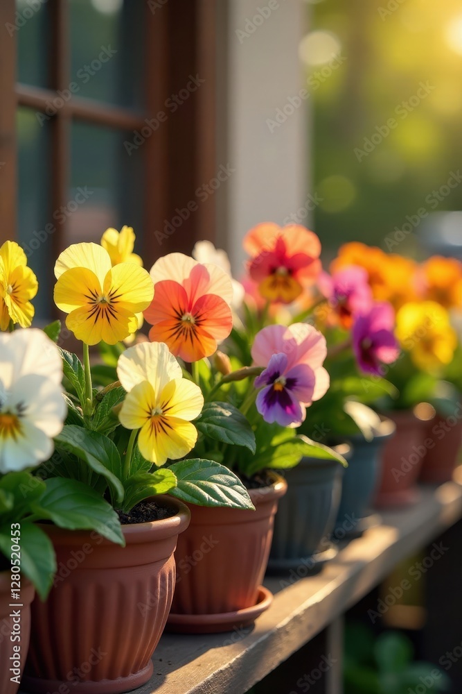 Sunlit display of colorful pansies, daisies and snapdragons in cheerful ceramic pots , new, white, snapdragons Sunlit display of colorful pansies, daisies and snapdragons in cheerful ceramic pots , new, white, snapdragons