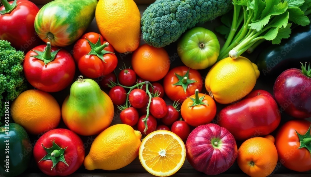 A dazzling array of organic fruits and vegetables, showcasing nature's spectrum , red, vibrant, summer A dazzling array of organic fruits and vegetables, showcasing nature's spectrum , red, vibrant, summer