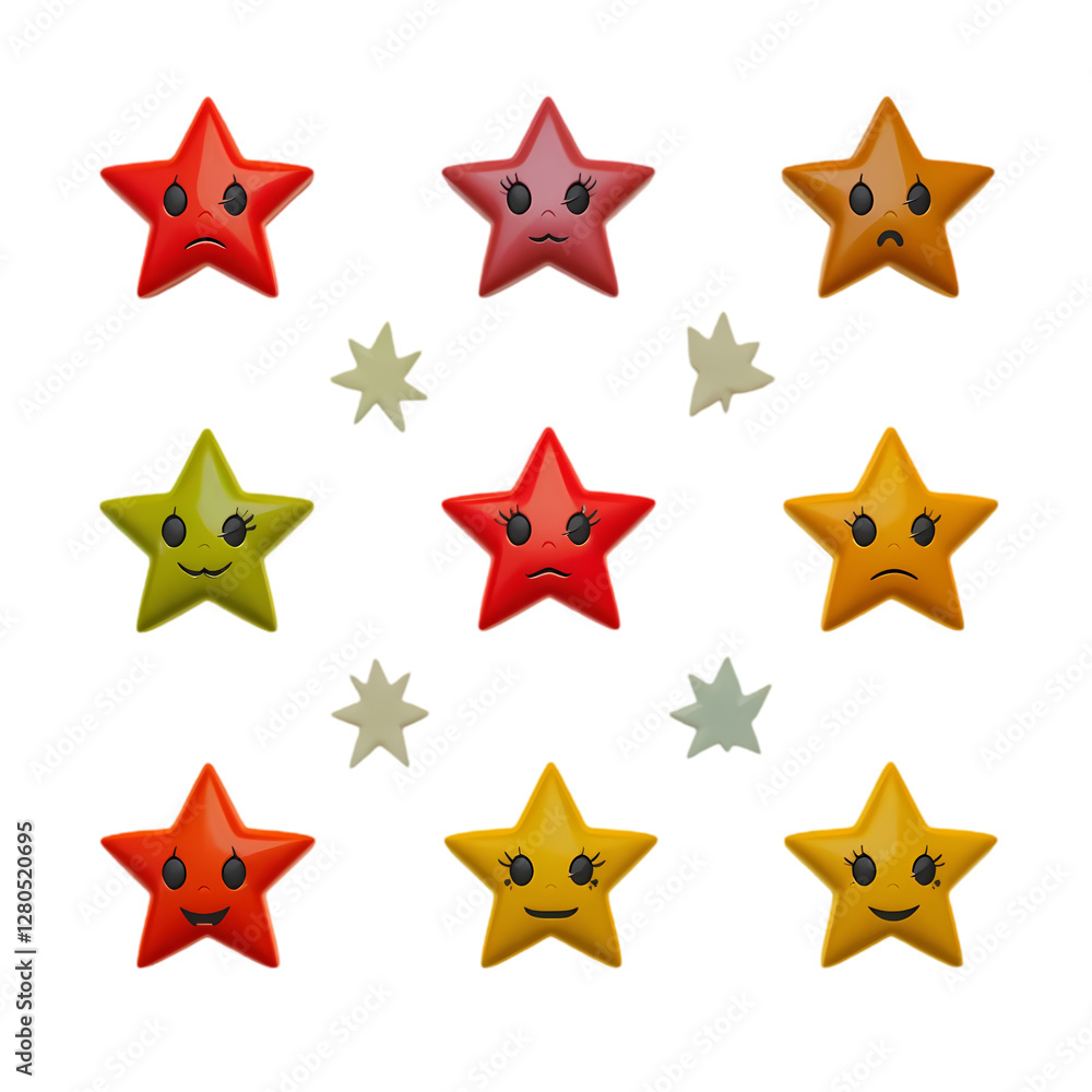 Fototapeta premium Cute Cartoon Stars: Pixel Art, Emoji Faces isolated on transparent background