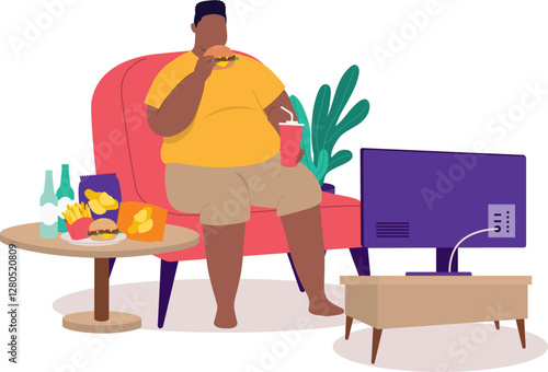Overweight Black Man Eating Unhealthy Food While Watching TV. Binge Eating.