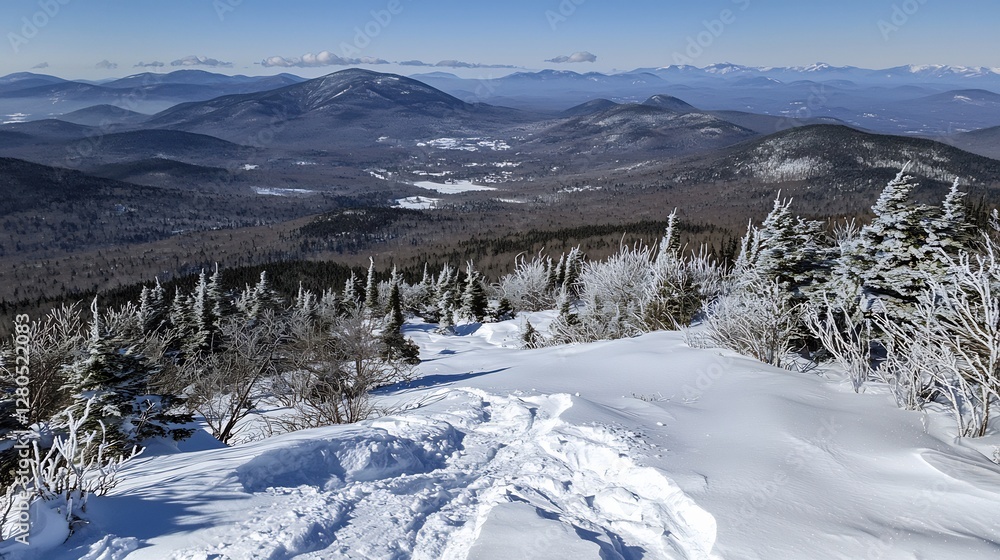 Panoramic vista of a snow covered valley and mountains on a winter day