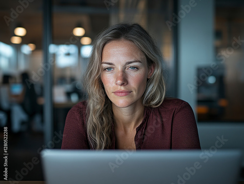 Professional young woman working on a laptop in a contemporary corporate environment. photo