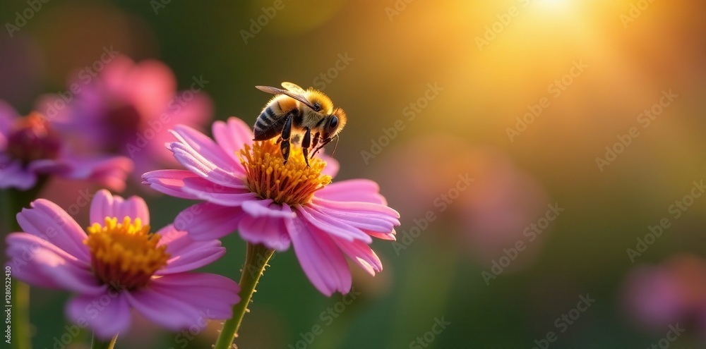 Tiny bee collecting nectar from spirea flowers at dawn, garden, flowerbed Tiny bee collecting nectar from spirea flowers at dawn, garden, flowerbed