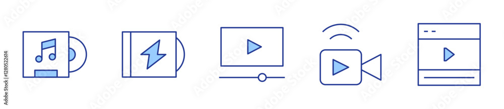 cd, tutorial, live stream, vinyl, video player. Multimedia Icon vector illustration. Line Duotone style. Editable stroke cd, tutorial, live stream, vinyl, video player. Multimedia Icon vector illustration. Line Duotone style. Editable stroke