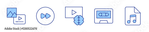 content, forward, video, cassette, music sheet. Multimedia Icon vector illustration. Line Duotone style. Editable stroke