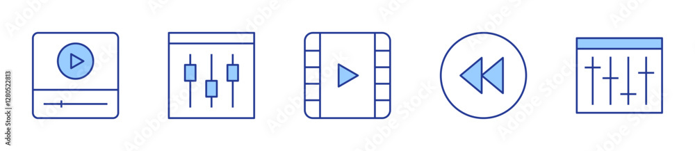 equalizer, settings, play, video, previous. Multimedia Icon vector illustration. Line Duotone style. Editable stroke equalizer, settings, play, video, previous. Multimedia Icon vector illustration. Line Duotone style. Editable stroke