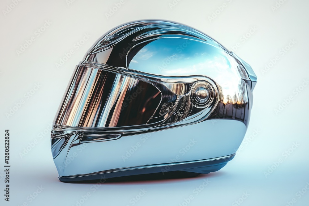 Fototapeta premium A chrome motorcycle helmet with a visor, reflecting a sky, showcasing sleek design and protective features.