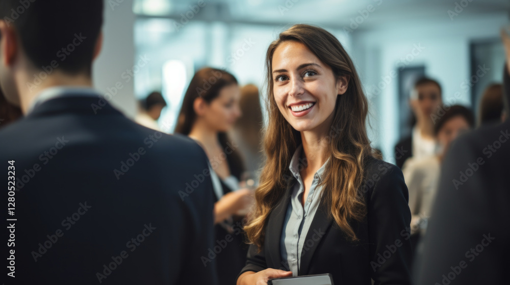 Businesswoman engages in networking activities at a corporate event in a modern office setting Businesswoman engages in networking activities at a corporate event in a modern office setting