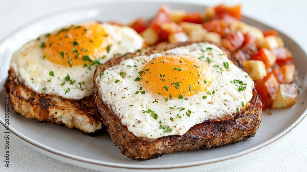 Two slices of French toast with fried eggs and a side salad, breakfast meal, indoors Two slices of French toast with fried eggs and a side salad, breakfast meal, indoors