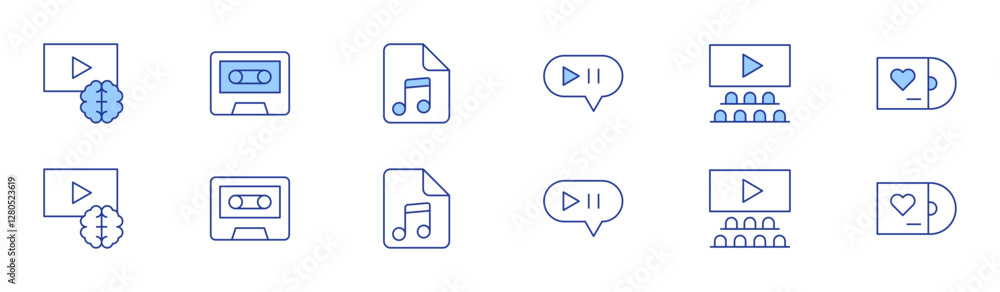 Multimedia icon set in two styles, Duotone and Thin Line style. Editable stroke. multimedia, cinema, video, cassette, music sheet, vinyl disc Multimedia icon set in two styles, Duotone and Thin Line style. Editable stroke. multimedia, cinema, video, cassette, music sheet, vinyl disc