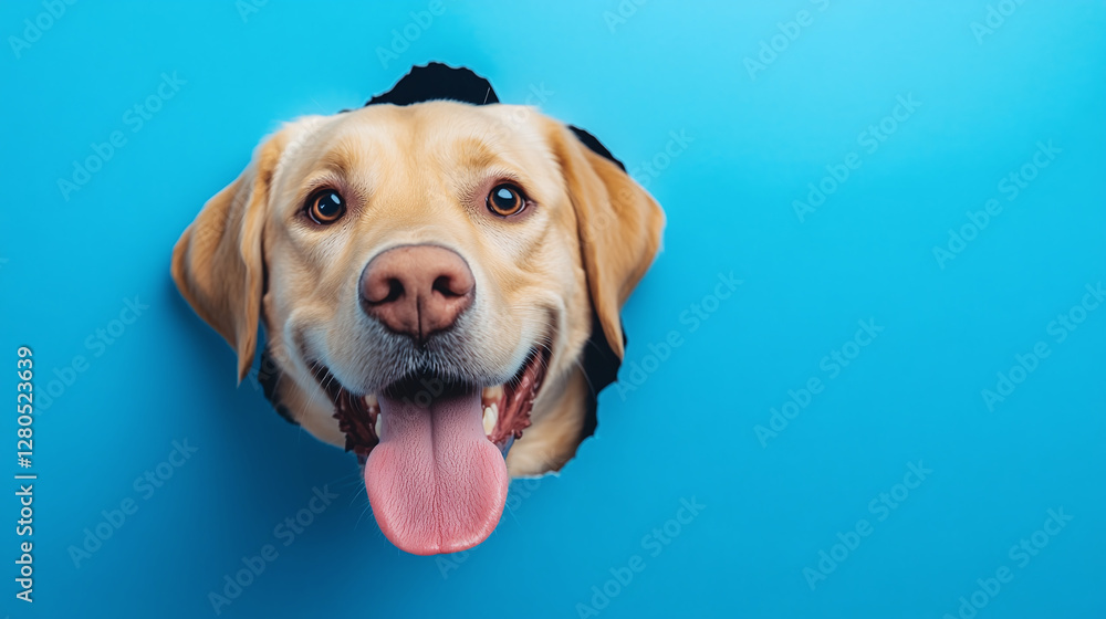 A cute dog looks out of a hole in a blue wall A cute dog looks out of a hole in a blue wall