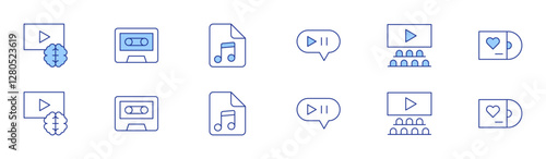 Multimedia icon set in two styles, Duotone and Thin Line style. Editable stroke. multimedia, cinema, video, cassette, music sheet, vinyl disc