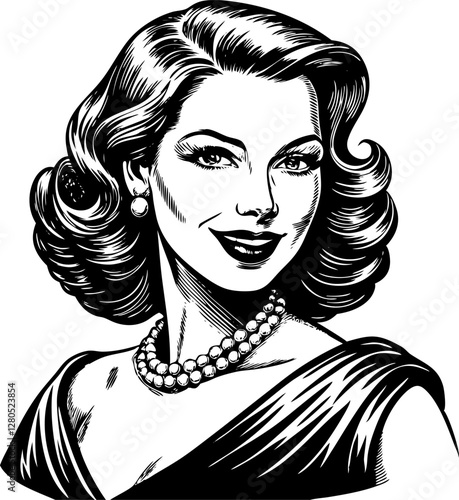 glamorous woman smiling over her shoulder, confidence and charm, classic beauty sketch engraving vector