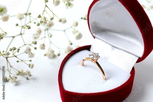 Konstfotografi Beautiful shiny gold engagement ring with large diamond gemstone in a rich red v