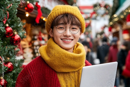 Young person with laptop at Christmas market photo