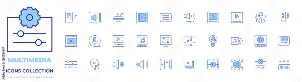Multimedia icons collection. Line Duotone style, editable stroke. compact disc, playlist, sound waves, bit, settings, music wave, microphone, volume, video, film Multimedia icons collection. Line Duotone style, editable stroke. compact disc, playlist, sound waves, bit, settings, music wave, microphone, volume, video, film