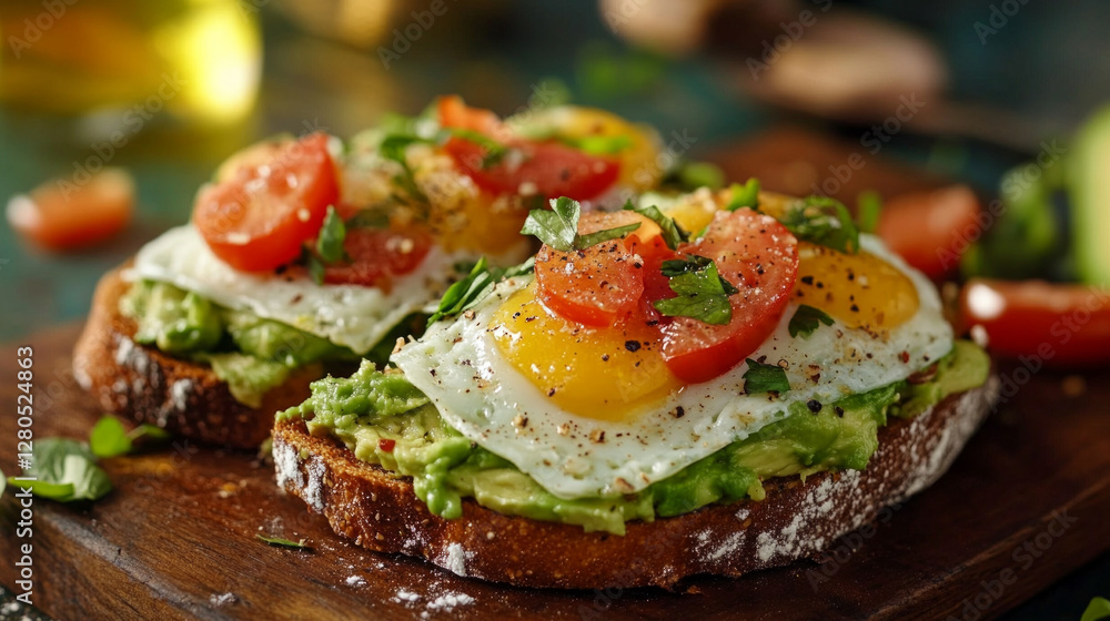 Close-up view of flavorful avocado toast topped with eggs and fresh tomatoes on a rustic wooden table Close-up view of flavorful avocado toast topped with eggs and fresh tomatoes on a rustic wooden table
