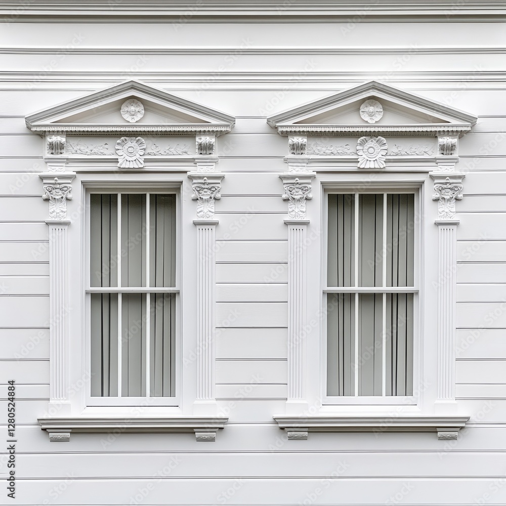 Fototapeta premium Elegant white architectural windows with decorative moldings showcasing classic design elements and symmetry in a residential building exterior, architectural concept