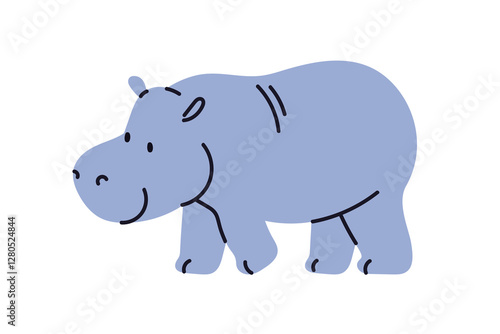 Cute hippopotamus walking. Adorable baby hippo, African animal. Happy smiling friendly mammal. Tropical behemoth character. Kids childish flat vector illustration isolated on white background