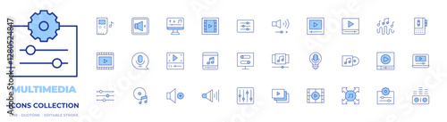 Multimedia icons collection. Line Duotone style, editable stroke. compact disc, playlist, sound waves, bit, settings, music wave, microphone, volume, video, film