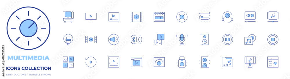 Multimedia icons collection. Line Duotone style, editable stroke. replay, speaker, playlist, microphone, animate, video, settings, home theater, cinema, download Multimedia icons collection. Line Duotone style, editable stroke. replay, speaker, playlist, microphone, animate, video, settings, home theater, cinema, download