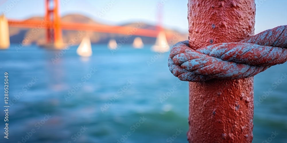 Fototapeta premium Rope tied around a red pole with golden gate bridge in background