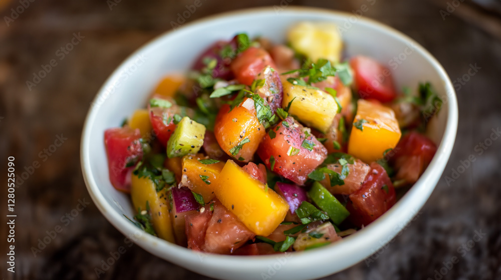 Colorful fruit salad bowl showcasing vibrant ingredients and fresh herbs prepared for a healthy meal Colorful fruit salad bowl showcasing vibrant ingredients and fresh herbs prepared for a healthy meal