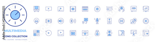 Multimedia icons collection. Line Duotone style, editable stroke. replay, speaker, playlist, microphone, animate, video, settings, home theater, cinema, download