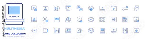 Multimedia icons collection. Line Duotone style, editable stroke. send, rec button, playlist, volume, video, cd, cloud, movie, equalizer, album, video file, settings