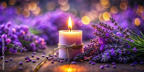 Fototapeta Naklejka Na Ścianę i Meble -  Lavender Candle Burning, Relaxing Spa Atmosphere, Purple Flowers, Aromatic Scented Candle, Tranquil Home Decor