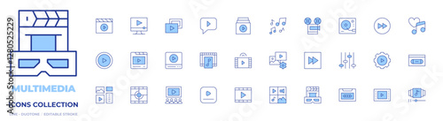Multimedia icons collection. Line Duotone style, editable stroke. video, turntable, equalizer, content, cassette tape, movie, 3d glasses, video player, projector