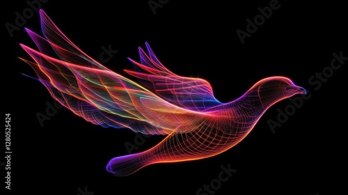 Neon illuminated bird soars across a stark dark expanse displaying vivid hues