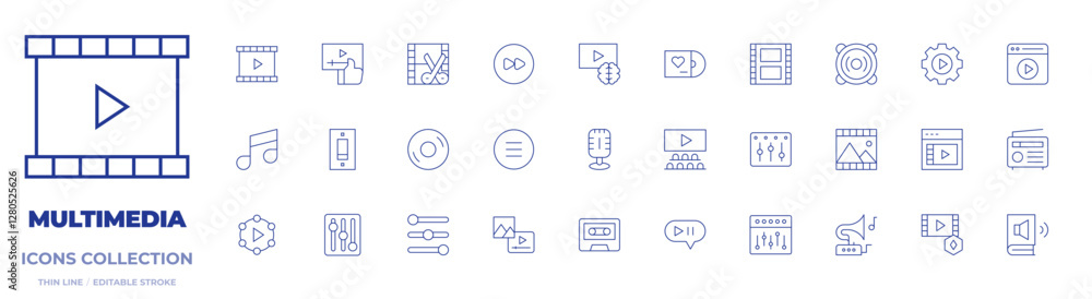 Multimedia icons collection. Thin Line icons, editable stroke. setup, gramophone, movie, film, vinyl, speaker, switch, mixer, video, bars, content, forward, settings Multimedia icons collection. Thin Line icons, editable stroke. setup, gramophone, movie, film, vinyl, speaker, switch, mixer, video, bars, content, forward, settings