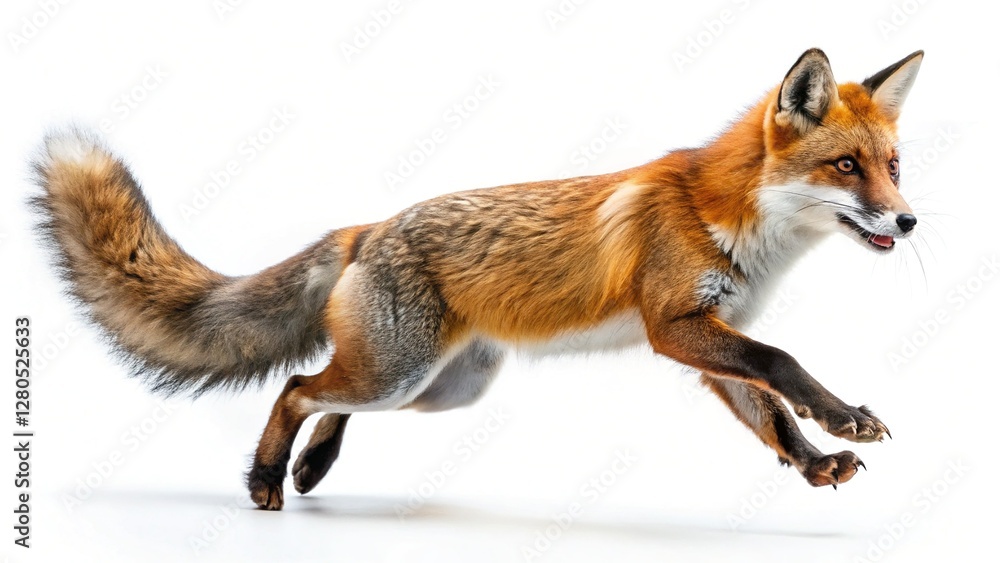 Fototapeta premium Majestic Red Fox Mid-Air Leap, Isolated on White Background - Perfect for Nature & Wildlife Designs