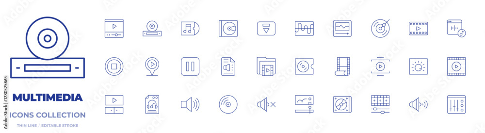 Multimedia icons collection. Thin Line icons, editable stroke. transcription, dj music, vinyl, video edition, cd, play, movie, pause, audio player, video, eject Multimedia icons collection. Thin Line icons, editable stroke. transcription, dj music, vinyl, video edition, cd, play, movie, pause, audio player, video, eject