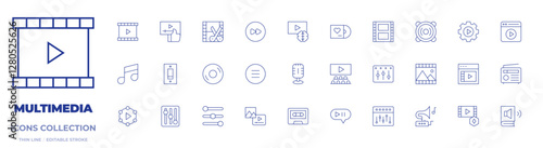 Multimedia icons collection. Thin Line icons, editable stroke. setup, gramophone, movie, film, vinyl, speaker, switch, mixer, video, bars, content, forward, settings