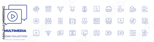 Multimedia icons collection. Thin Line icons, editable stroke. speaker, cd, video chat, tutorial, microphone, live stream, settings, headphones, voice control