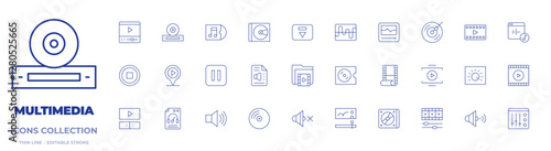 Multimedia icons collection. Thin Line icons, editable stroke. transcription, dj music, vinyl, video edition, cd, play, movie, pause, audio player, video, eject