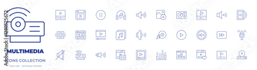 Multimedia icons collection. Thin Line icons, editable stroke. video player, speaker, mute, window, projector, music therapy, music, link, favourite, video, volume