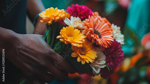 Hands skillfully arranging a vibrant bouquet of colorful flowers with care in a floral setting