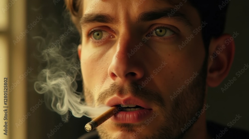 Obraz premium Close-up Portrait of a Man with Piercing Green Eyes and a Cigarette
