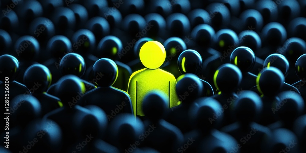 Obraz premium Glowing Yellow Figure Standing Out in a Dark Crowd