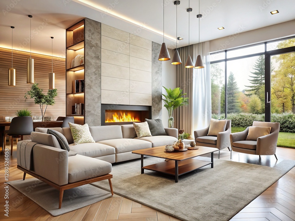 Fototapeta premium Modern Minimalist Luxury Living Room with Fireplace - Real Estate Interior Design