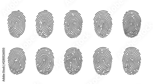 Fingerprints in Black and White: A collection of ten unique and intricate fingerprints, each showcasing a distinct pattern of ridges and swirls, representing identity and security on a clean backdrop.