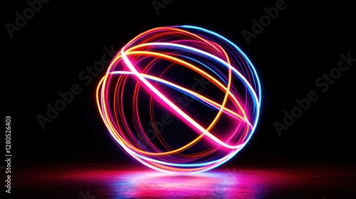 Neon orbital trails create a vibrant light sphere against stark backdrop