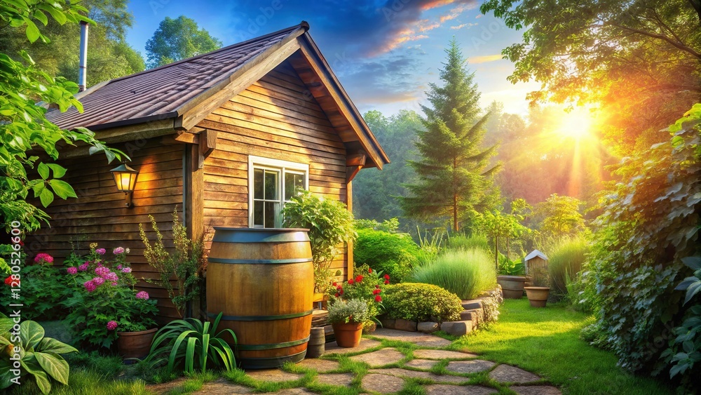 Rain Barrel Sustainable Living: Wooden House, Green Garden, Soft Light Rain Barrel Sustainable Living: Wooden House, Green Garden, Soft Light