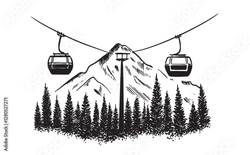 Ski lift in the mountains on white, hand drawn.