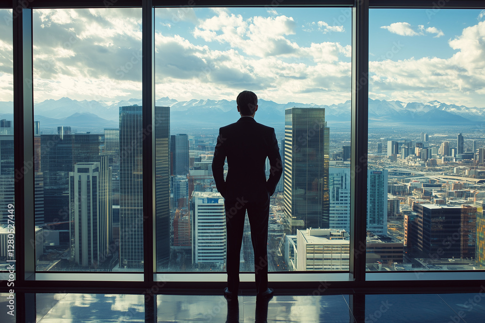 Fototapeta premium Businessman looking at the city skyline thinking about the future